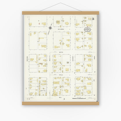Old map wall art mockup — magnetic wood frame on white wall — Sanborn Fire Insurance Map from Rockdale, Milam County, Texas (1912), Sheet #0003