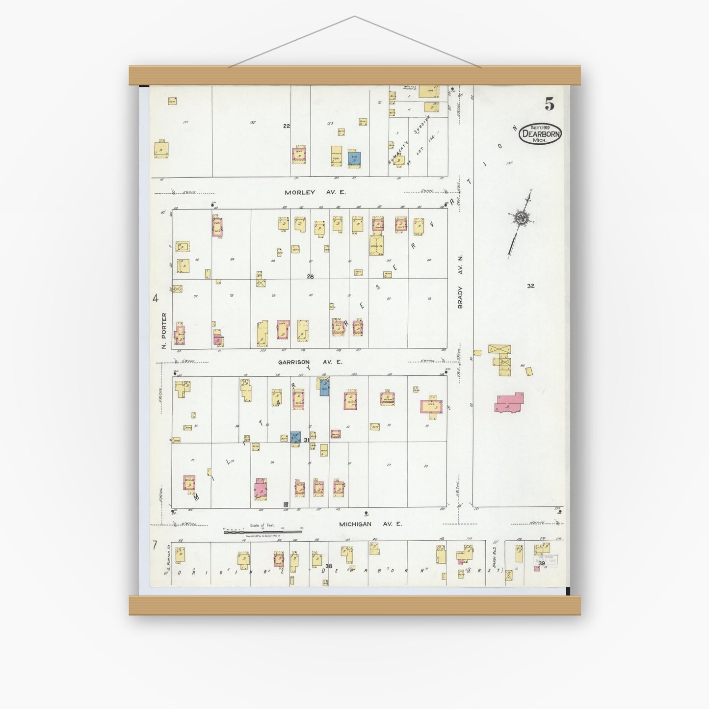 Old map wall art mockup — magnetic wood frame on white wall — Sanborn Fire Insurance Map from Dearborn, Wayne County, Michigan (1919), Sheet #0005