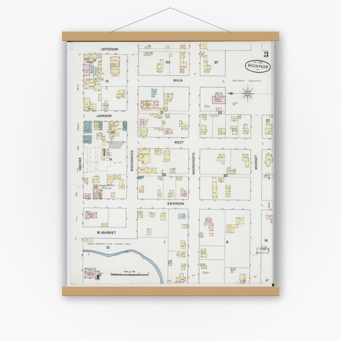 Old map wall art mockup — magnetic wood frame on white wall — Sanborn Fire Insurance Map from Monroe, Green County, Wisconsin (1889), Sheet #0003