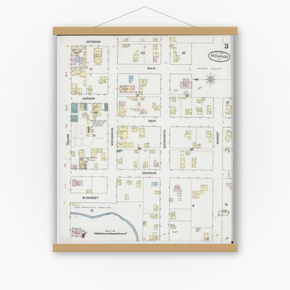Old map wall art mockup — magnetic wood frame on white wall — Sanborn Fire Insurance Map from Monroe, Green County, Wisconsin (1889), Sheet #0003