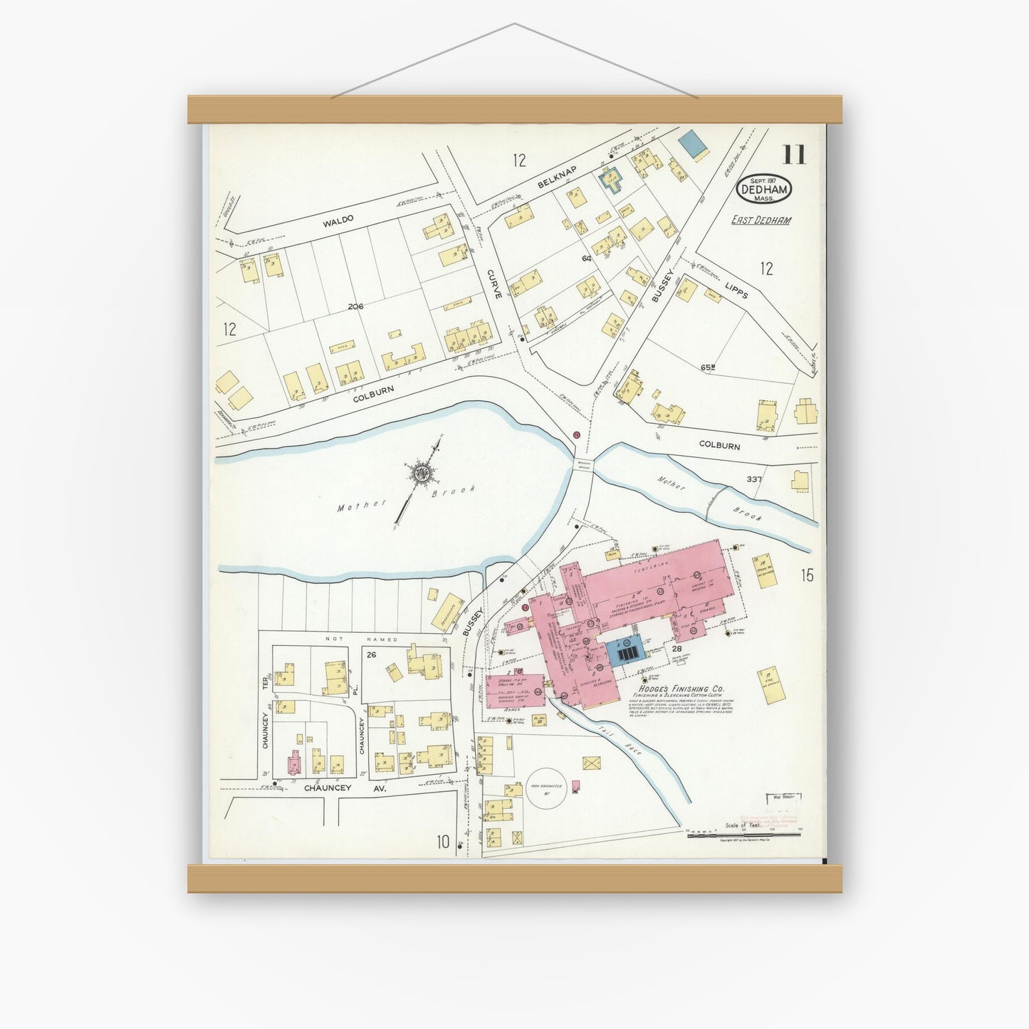 Old map wall art mockup — magnetic wood frame on white wall — Sanborn Fire Insurance Map from Dedham, Norfolk County, Massachusetts (1917), Sheet #0011