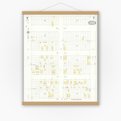 Old map wall art mockup — magnetic wood frame on white wall — Sanborn Fire Insurance Map from Texas City, Galveston County, Texas (1931), Sheet #0007