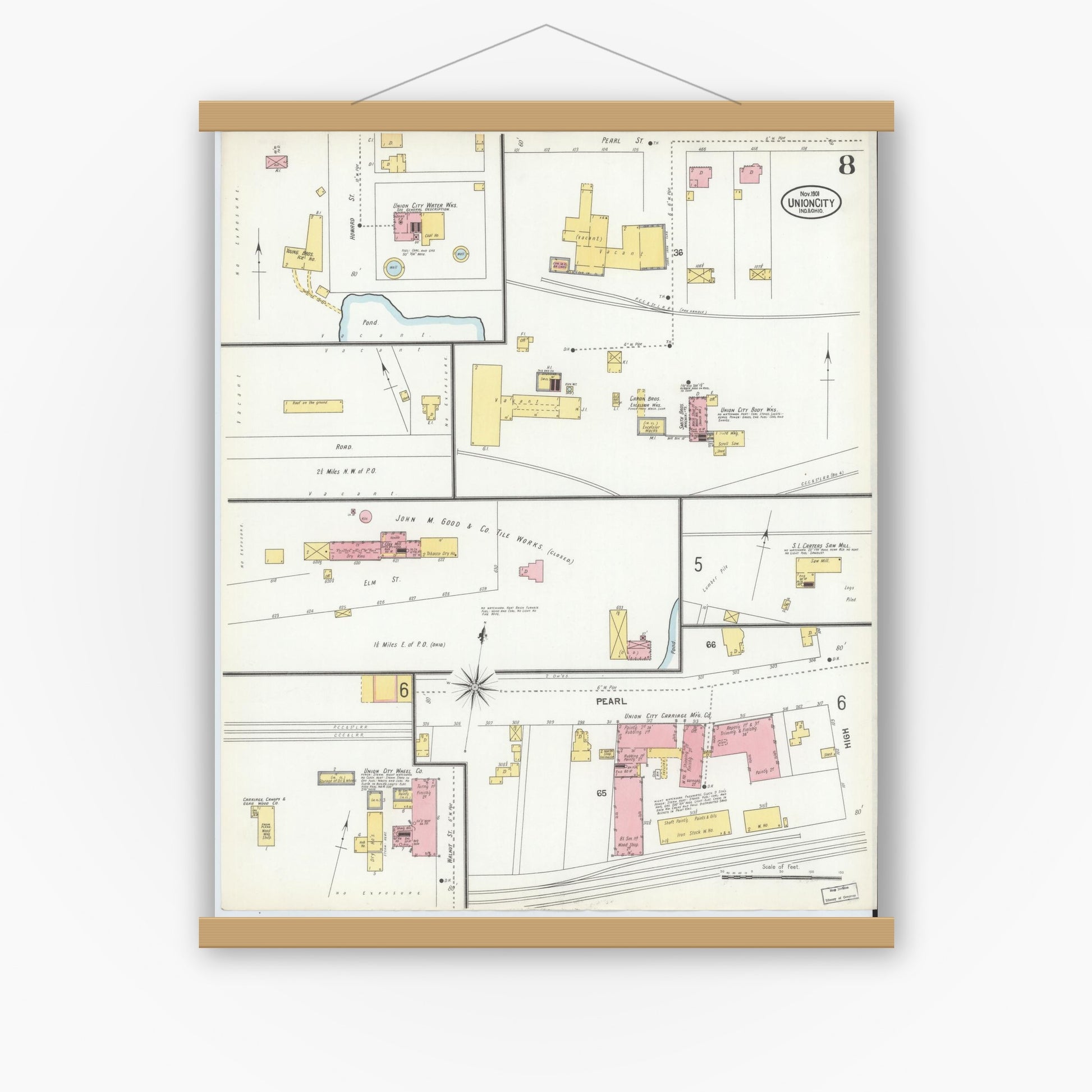 Old map wall art mockup — magnetic wood frame on white wall — Sanborn Fire Insurance Map from Union City, Randolph County, Indiana (1901), Sheet #0008