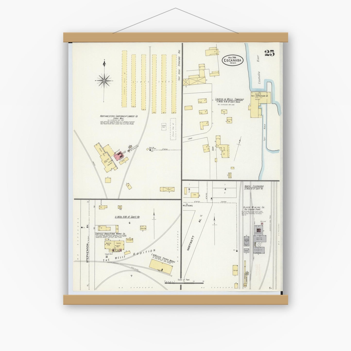 Old map wall art mockup — magnetic wood frame on white wall — Sanborn Fire Insurance Map from Escanaba, Delta County, Michigan (1906), Sheet #0025