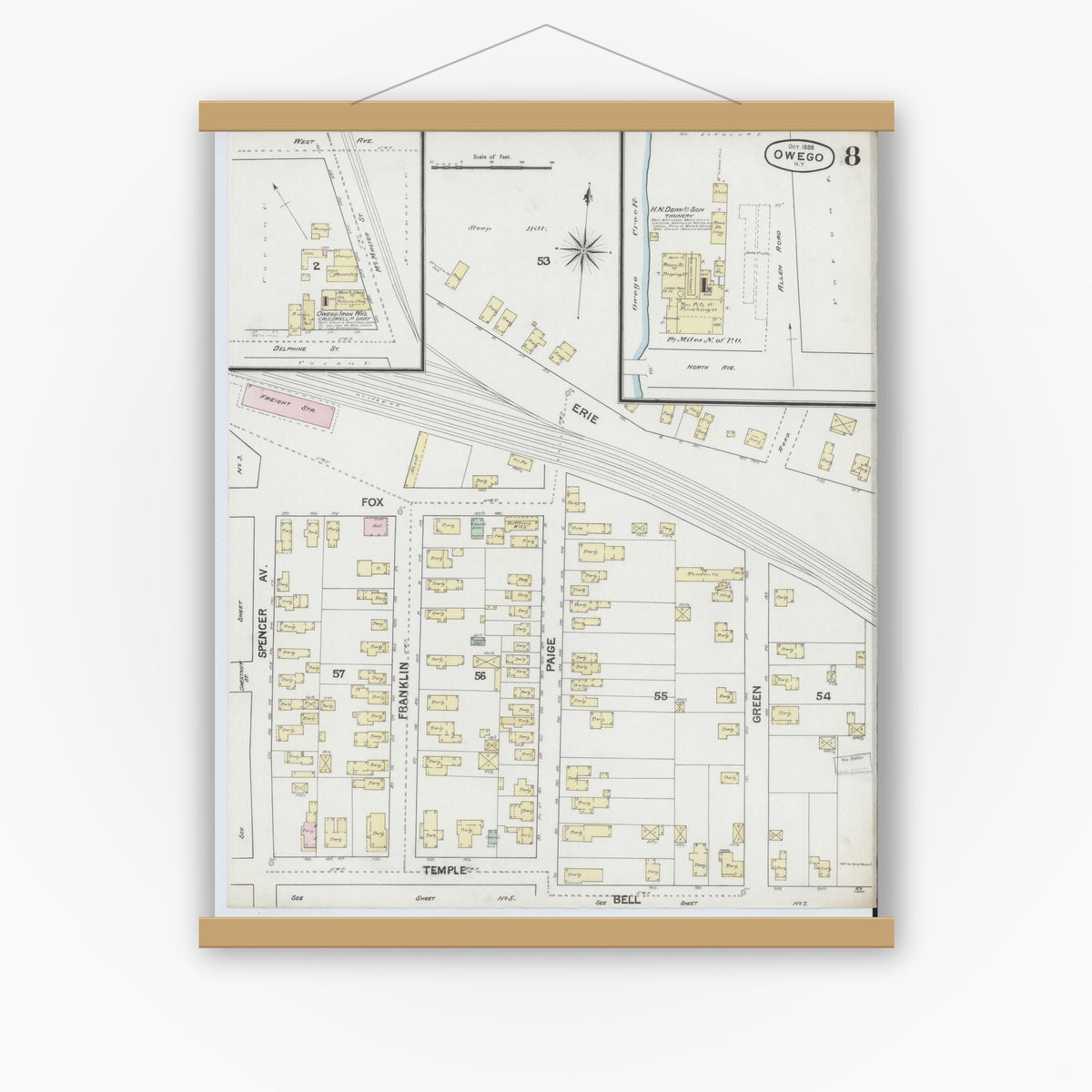Old map wall art mockup — magnetic wood frame on white wall — Sanborn Fire Insurance Map from Owego, Tioga County, New York (1888), Sheet #0008