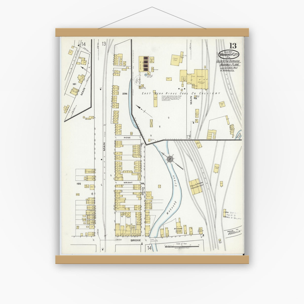 Old map wall art mockup — magnetic wood frame on white wall — Sanborn Fire Insurance Map from Mahanoy City, Schuylkill County, Pennsylvania (1920), Sheet #0013