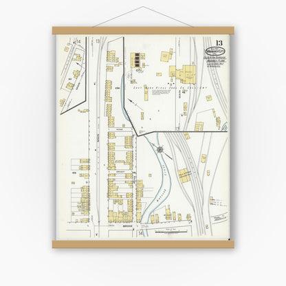 Old map wall art mockup — magnetic wood frame on white wall — Sanborn Fire Insurance Map from Mahanoy City, Schuylkill County, Pennsylvania (1920), Sheet #0013