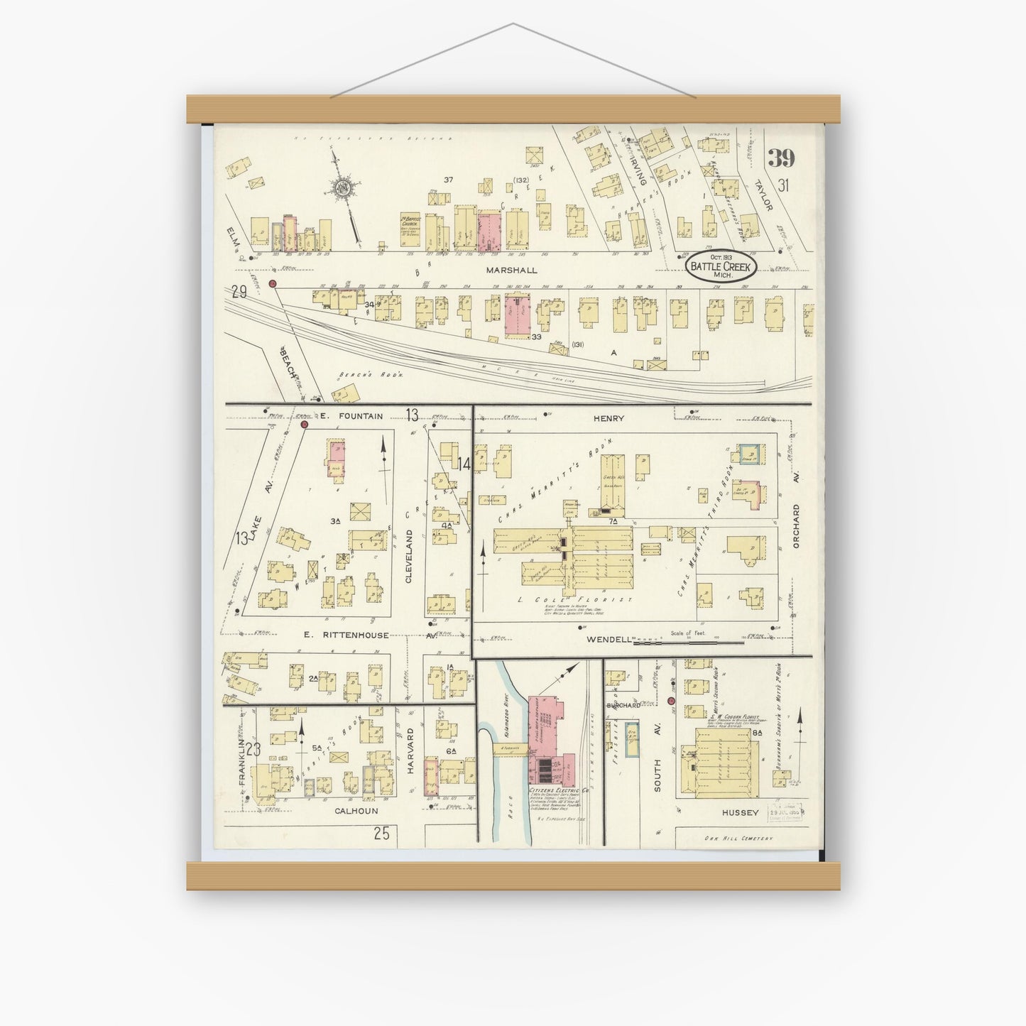 Old map wall art mockup — magnetic wood frame on white wall — Sanborn Fire Insurance Map from Battle Creek, Calhoun County, Michigan (1913), Sheet #0039