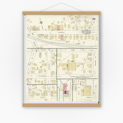 Old map wall art mockup — magnetic wood frame on white wall — Sanborn Fire Insurance Map from Battle Creek, Calhoun County, Michigan (1913), Sheet #0039