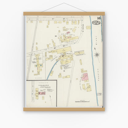 Old map wall art mockup — magnetic wood frame on white wall — Sanborn Fire Insurance Map from Taunton, Bristol County, Massachusetts (1888), Sheet #0016