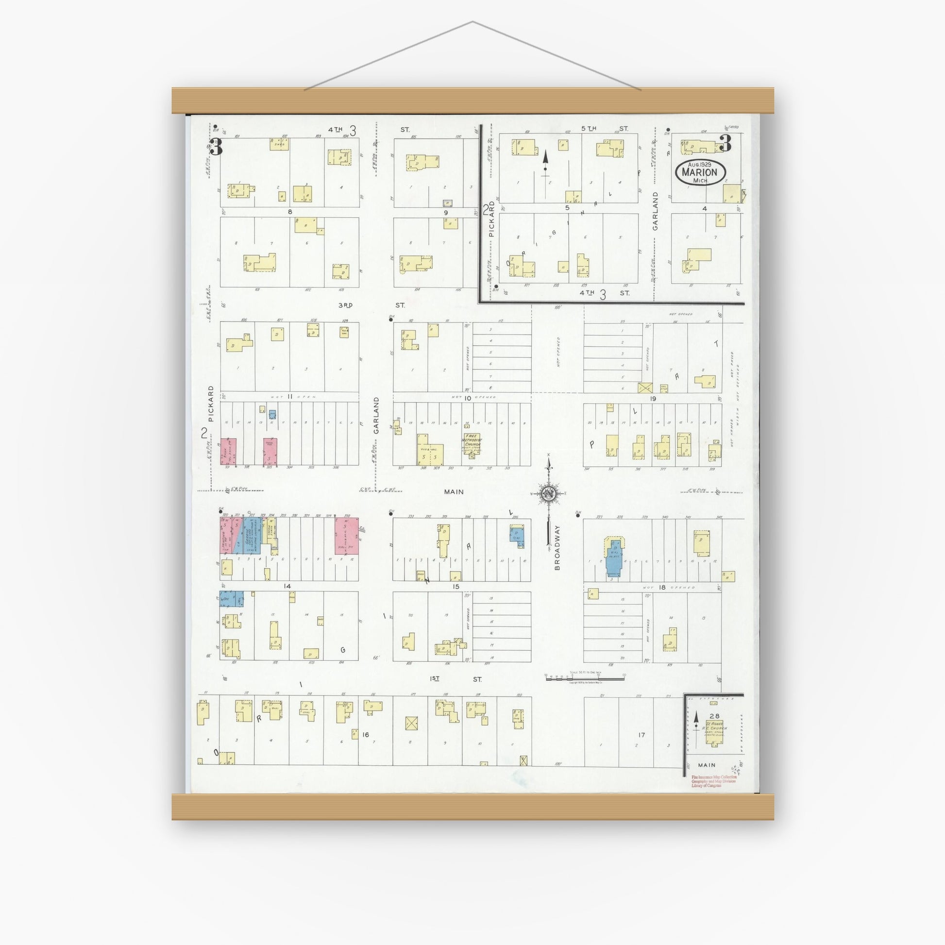 Old map wall art mockup — magnetic wood frame on white wall — Sanborn Fire Insurance Map from Marion, Osceola County, Michigan (1929), Sheet #0003