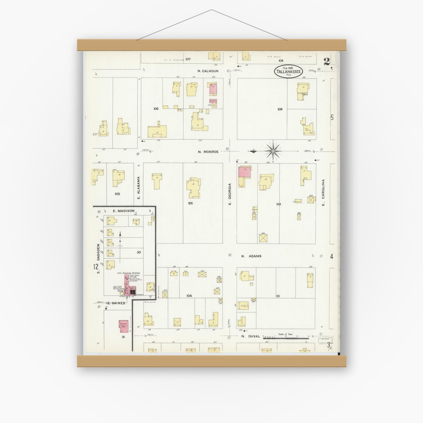 Old map wall art mockup — magnetic wood frame on white wall — Sanborn Fire Insurance Map from Tallahassee, Leon County, Florida (1909), Sheet #0002