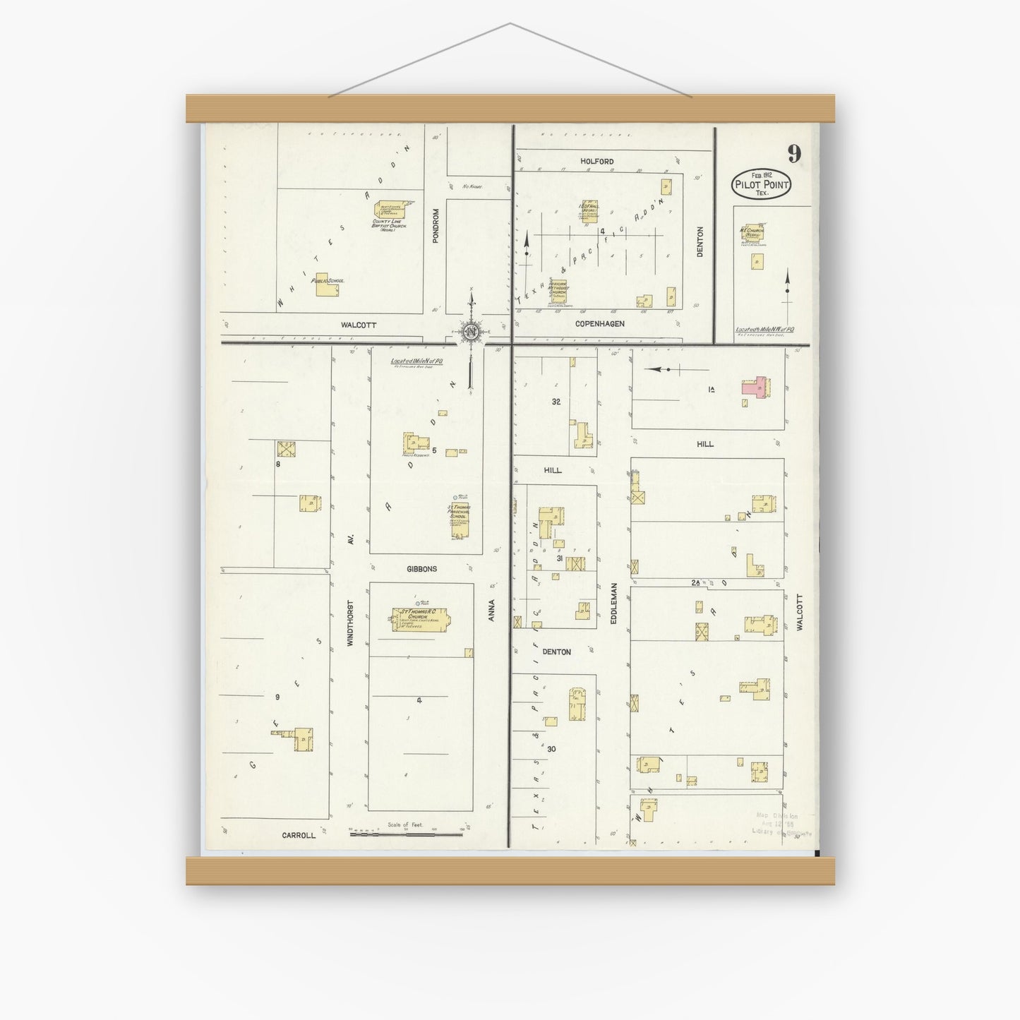 Old map wall art mockup — magnetic wood frame on white wall — Sanborn Fire Insurance Map from Pilot Point, Denton County, Texas (1912), Sheet #0009