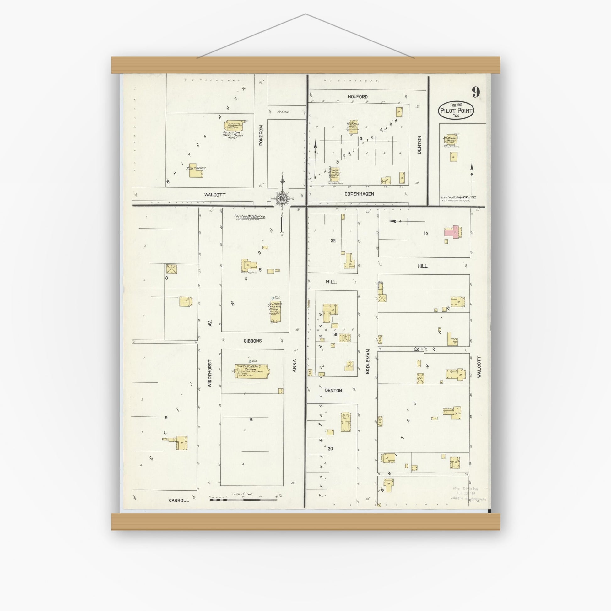 Old map wall art mockup — magnetic wood frame on white wall — Sanborn Fire Insurance Map from Pilot Point, Denton County, Texas (1912), Sheet #0009