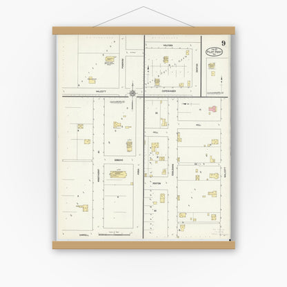 Old map wall art mockup — magnetic wood frame on white wall — Sanborn Fire Insurance Map from Pilot Point, Denton County, Texas (1912), Sheet #0009