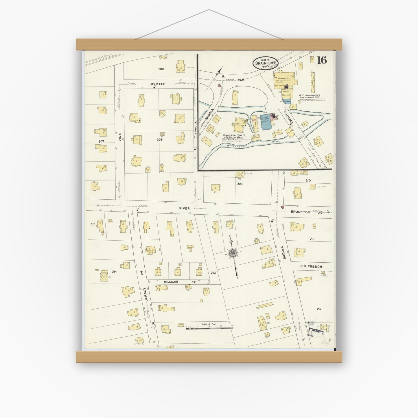 Old map wall art mockup — magnetic wood frame on white wall — Sanborn Fire Insurance Map from Braintree, Norfolk County, Massachusetts (1911), Sheet #0016