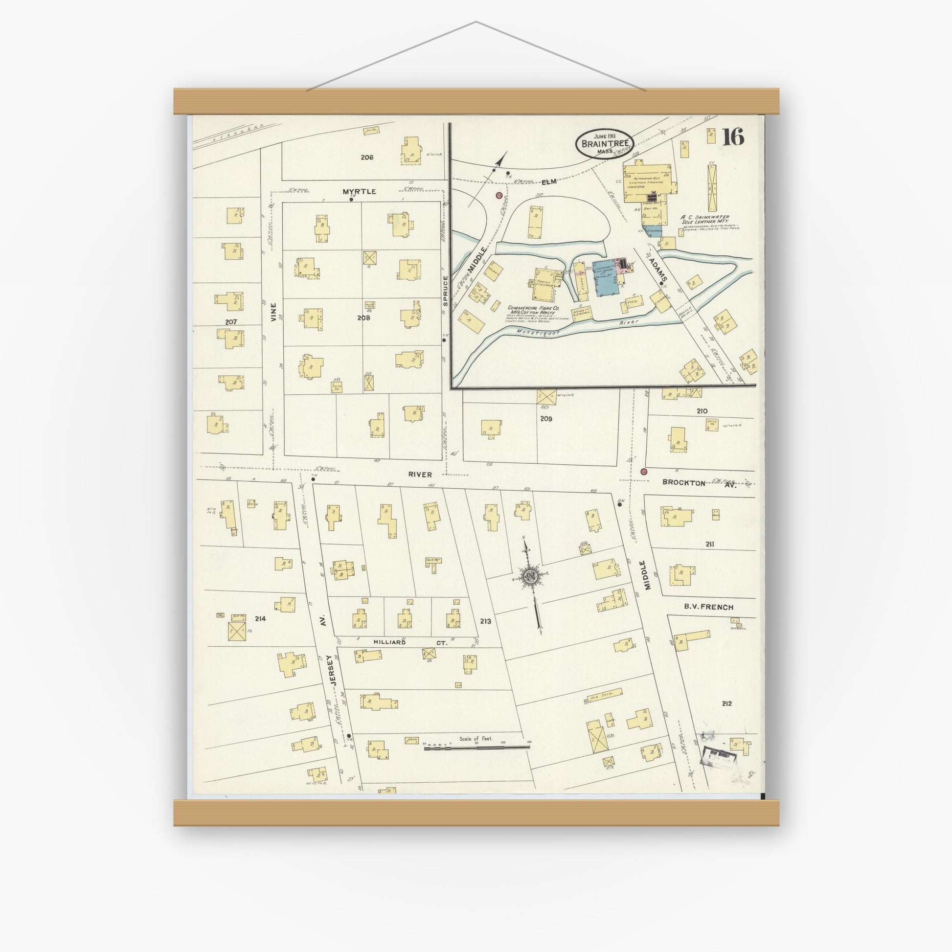 Old map wall art mockup — magnetic wood frame on white wall — Sanborn Fire Insurance Map from Braintree, Norfolk County, Massachusetts (1911), Sheet #0016
