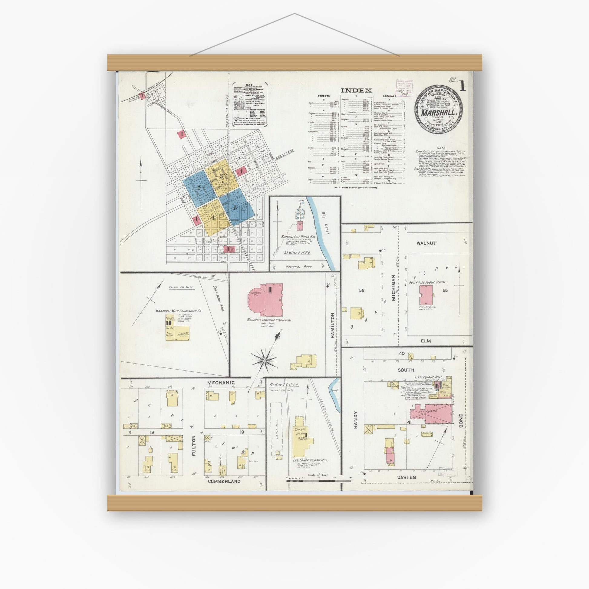 Old map wall art mockup — magnetic wood frame on white wall — Sanborn Fire Insurance Map from Marshall, Clark County, Illinois (1906), Sheet #0001