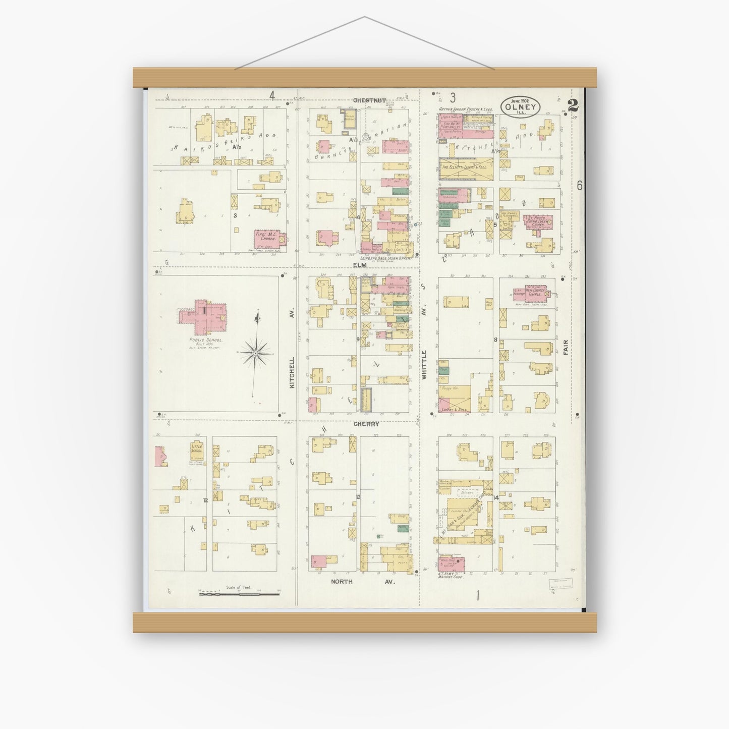 Old map wall art mockup — magnetic wood frame on white wall — Sanborn Fire Insurance Map from Olney, Richland County, Illinois (1902), Sheet #0002