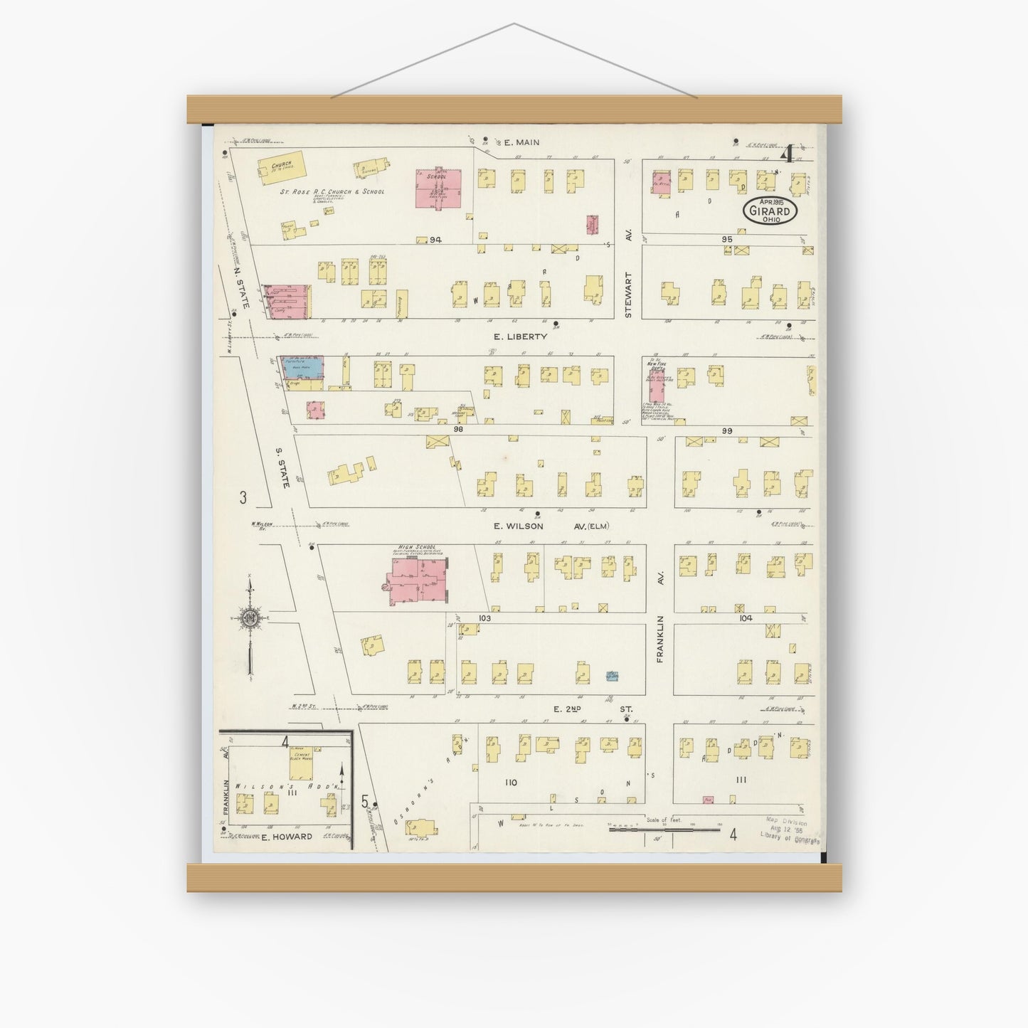 Old map wall art mockup — magnetic wood frame on white wall — Sanborn Fire Insurance Map from Girard, Trumbull County, Ohio (1915), Sheet #0004