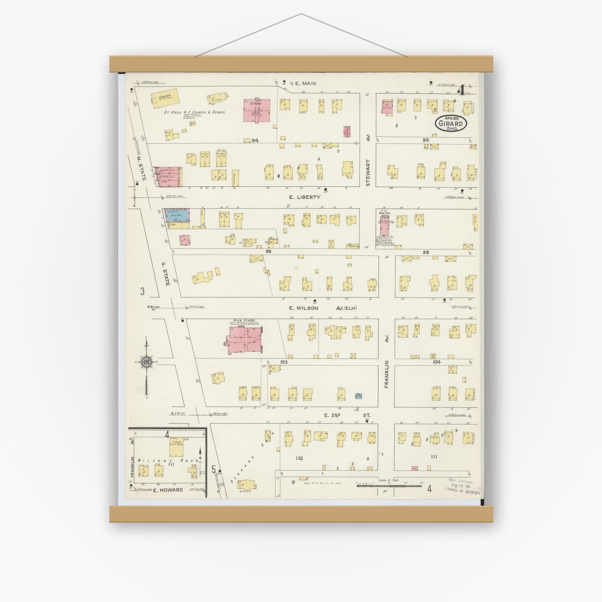 Old map wall art mockup — magnetic wood frame on white wall — Sanborn Fire Insurance Map from Girard, Trumbull County, Ohio (1915), Sheet #0004