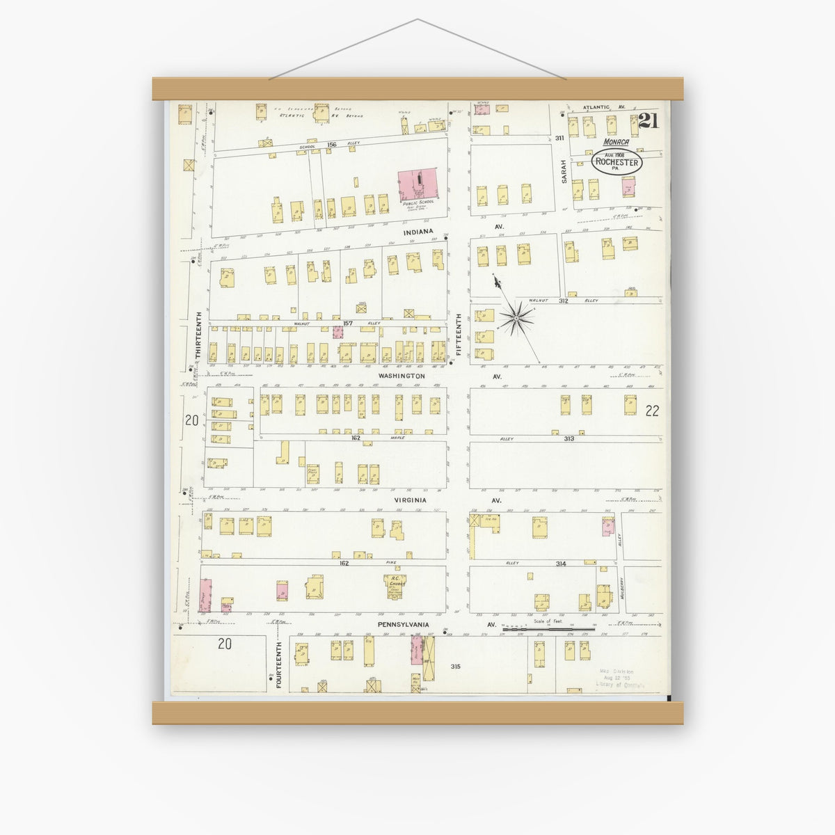 Old map wall art mockup — magnetic wood frame on white wall — Sanborn Fire Insurance Map from Rochester, Beaver County, Pennsylvania (1908), Sheet #0020
