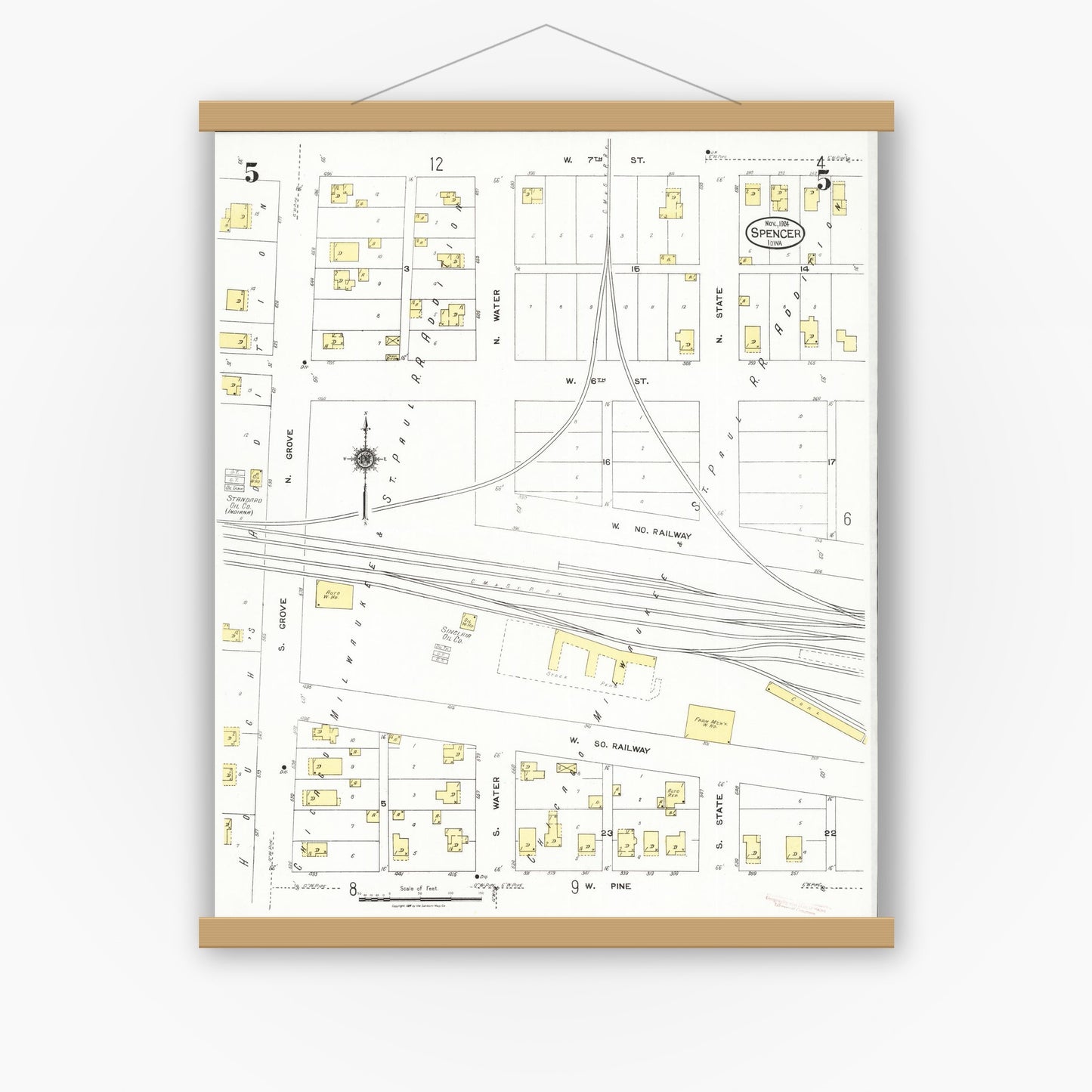 Old map wall art mockup — magnetic wood frame on white wall — Sanborn Fire Insurance Map from Spencer, Clay County, Iowa (1924), Sheet #0005