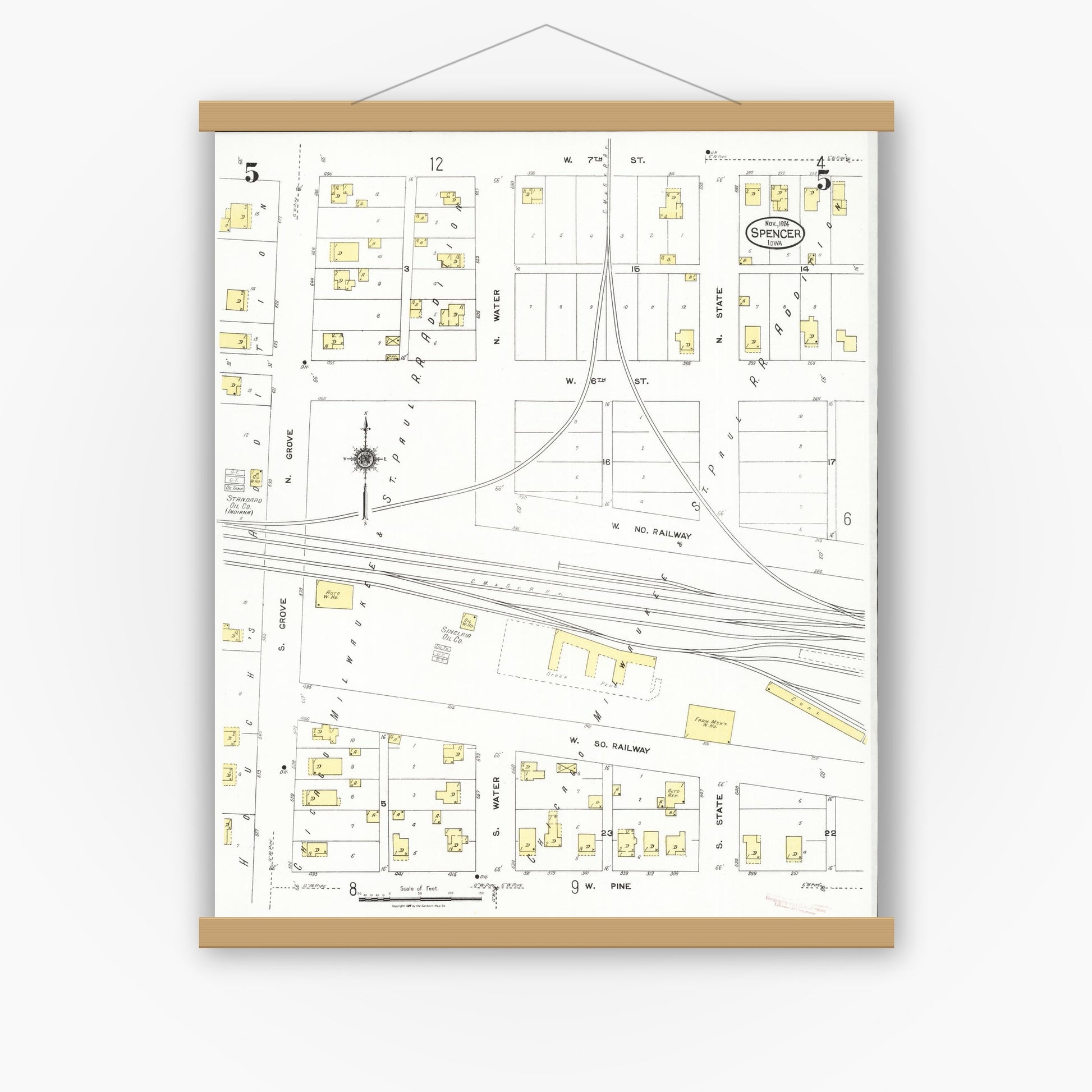 Old map wall art mockup — magnetic wood frame on white wall — Sanborn Fire Insurance Map from Spencer, Clay County, Iowa (1924), Sheet #0005