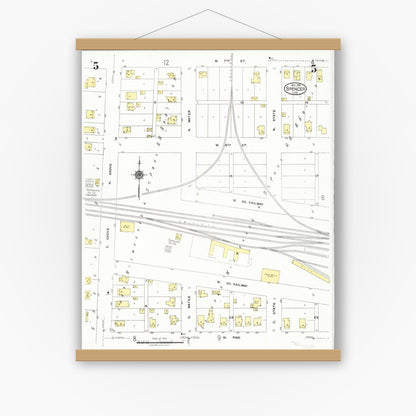 Old map wall art mockup — magnetic wood frame on white wall — Sanborn Fire Insurance Map from Spencer, Clay County, Iowa (1924), Sheet #0005