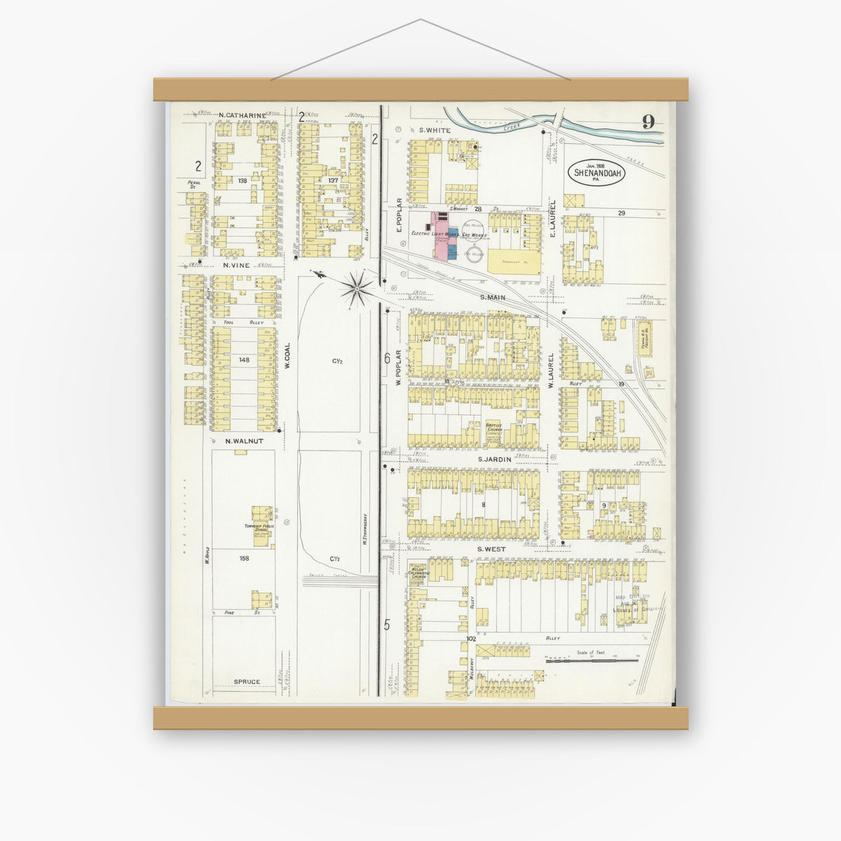 Old map wall art mockup — magnetic wood frame on white wall — Sanborn Fire Insurance Map from Shenandoah, Schuylkill County, Pennsylvania (1908), Sheet #0009