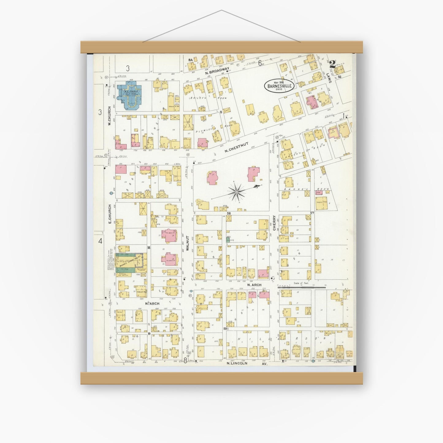 Old map wall art mockup — magnetic wood frame on white wall — Sanborn Fire Insurance Map from Barnesville, Belmont County, Ohio (1908), Sheet #0002