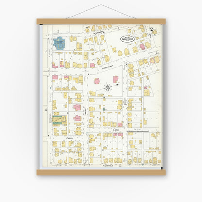 Old map wall art mockup — magnetic wood frame on white wall — Sanborn Fire Insurance Map from Barnesville, Belmont County, Ohio (1908), Sheet #0002