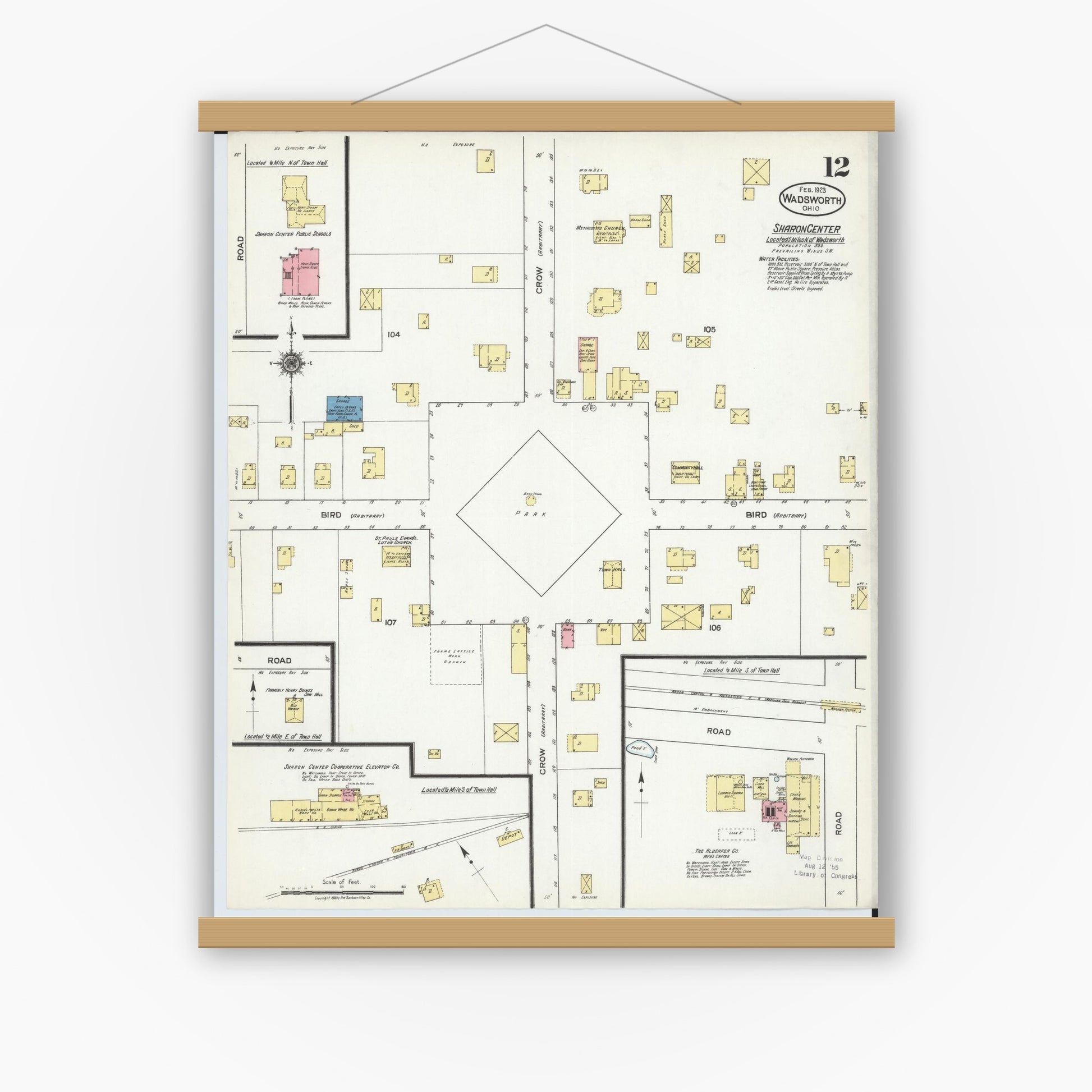 Old map wall art mockup — magnetic wood frame on white wall — Sanborn Fire Insurance Map from Wadsworth, Medina County, Ohio (1923), Sheet #0012
