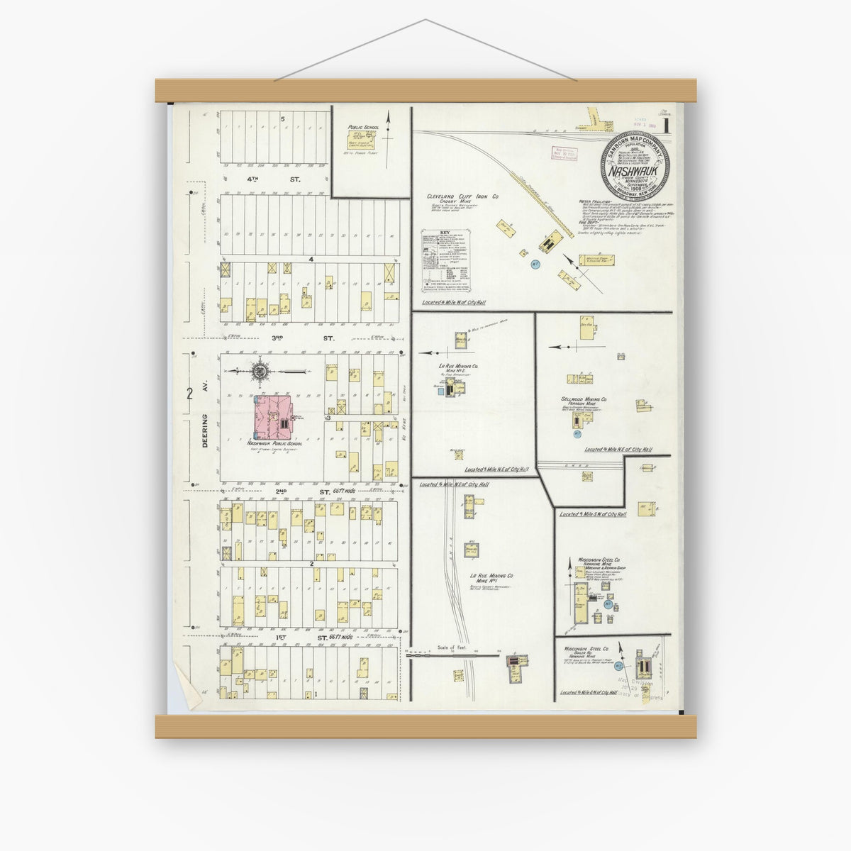 Old map wall art mockup — magnetic wood frame on white wall — Sanborn Fire Insurance Map from Nashwauk, Itasca County, Minnesota (1909), Sheet #0001