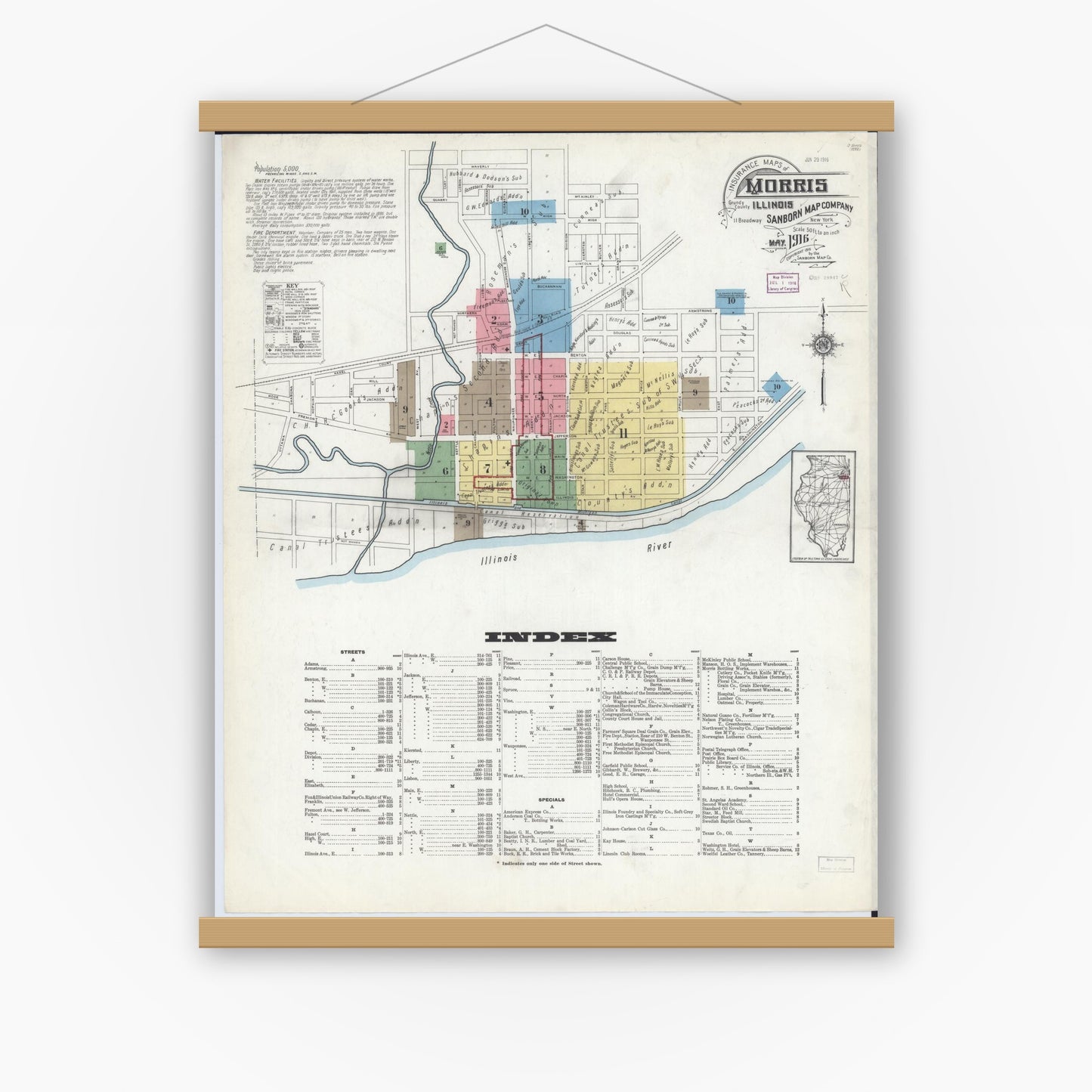 Old map wall art mockup — magnetic wood frame on white wall — Sanborn Fire Insurance Map from Morris, Grundy County, Illinois (1916) - Complete Map Set