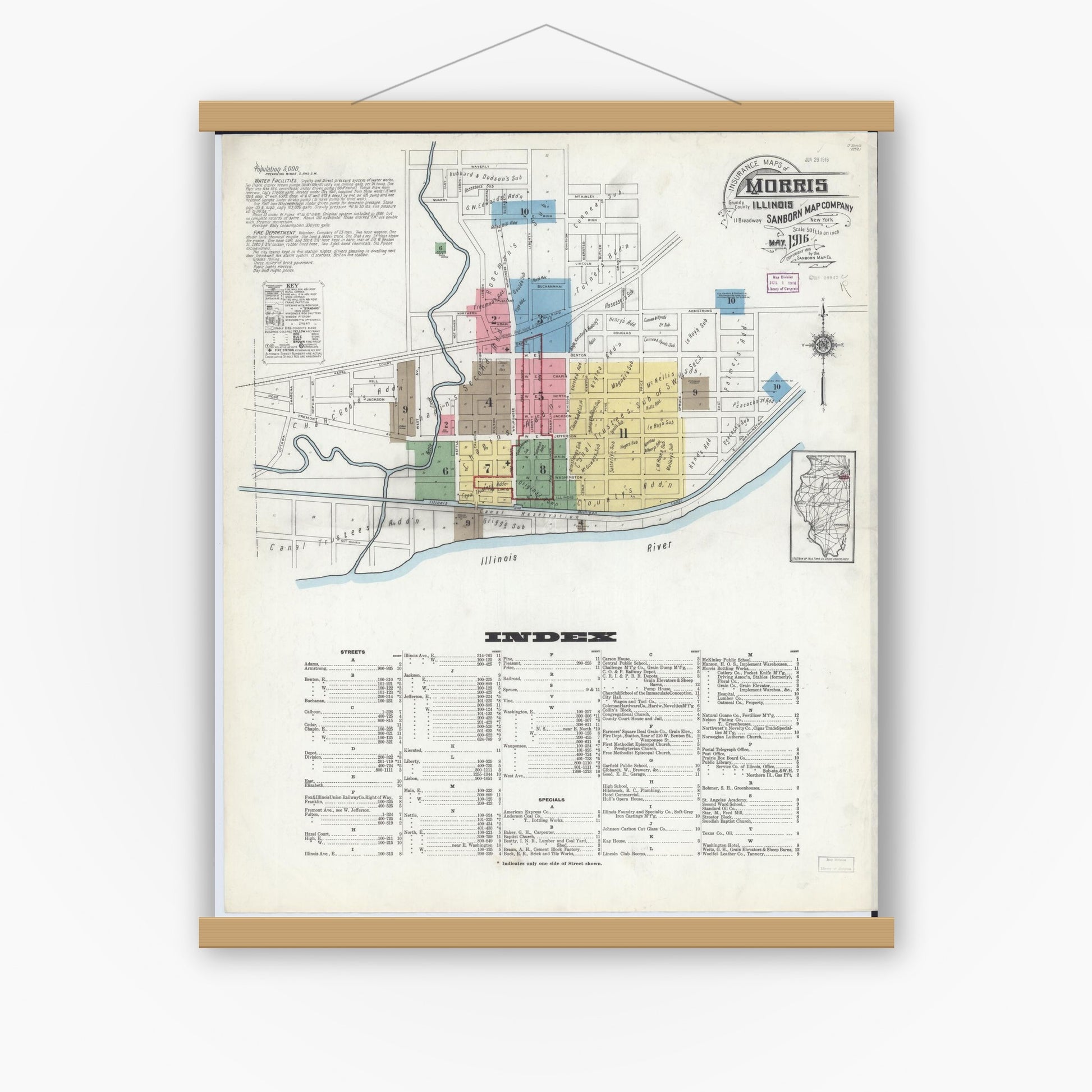 Old map wall art mockup — magnetic wood frame on white wall — Sanborn Fire Insurance Map from Morris, Grundy County, Illinois (1916) - Complete Map Set