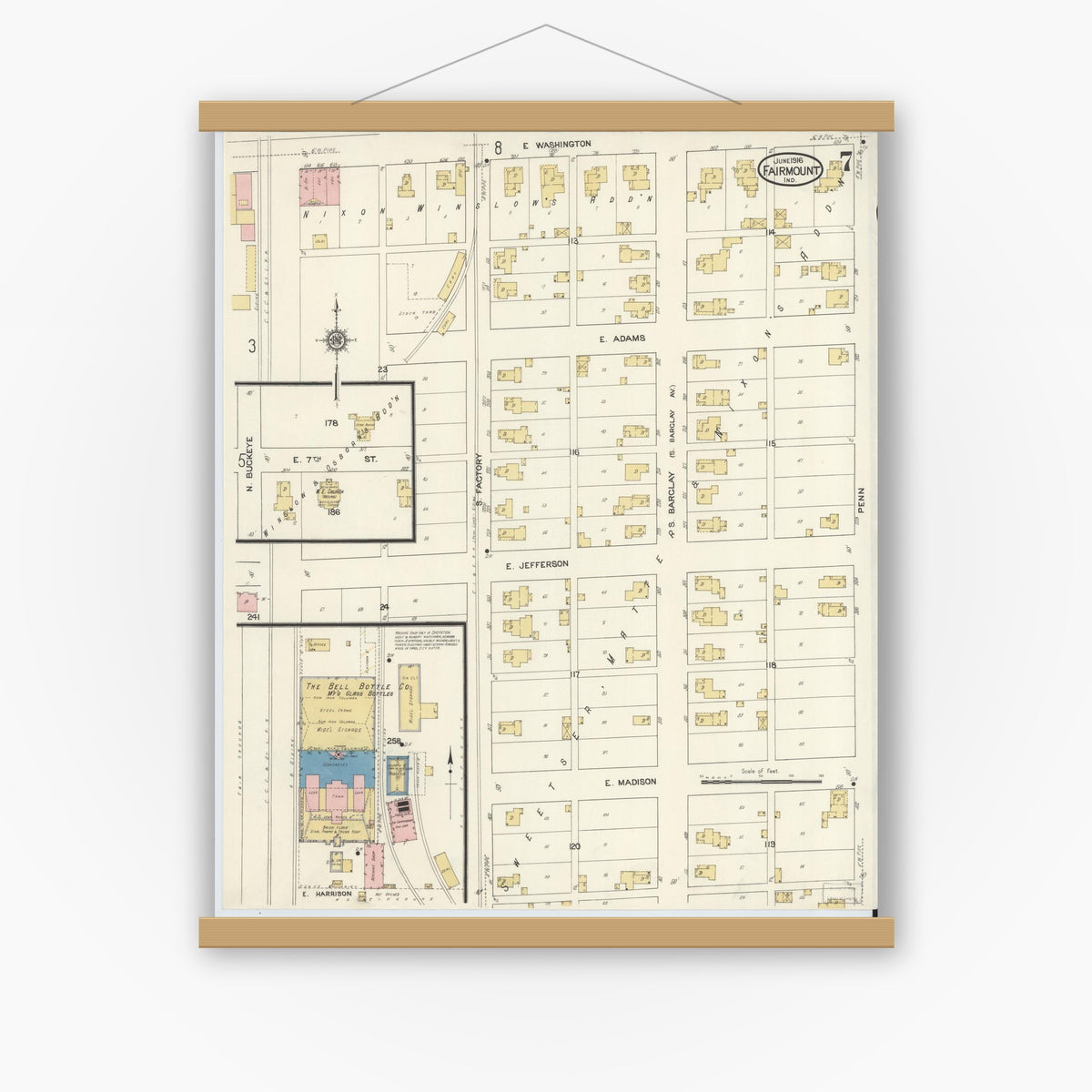 Old map wall art mockup — magnetic wood frame on white wall — Sanborn Fire Insurance Map from Fairmount, Grant County, Indiana (1916), Sheet #0007