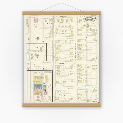 Old map wall art mockup — magnetic wood frame on white wall — Sanborn Fire Insurance Map from Fairmount, Grant County, Indiana (1916), Sheet #0007