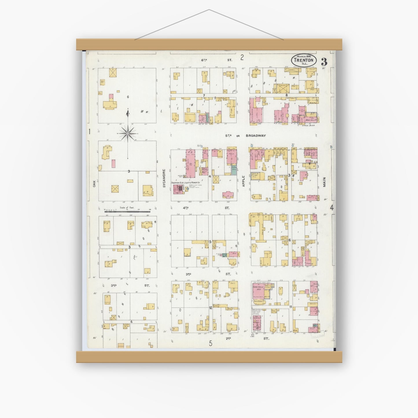 Old map wall art mockup — magnetic wood frame on white wall — Sanborn Fire Insurance Map from Trenton, Clinton County, Illinois (1906), Sheet #0003