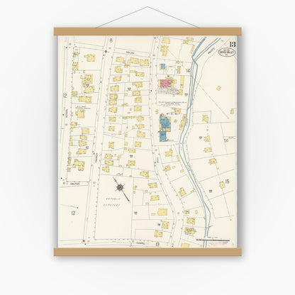 Old map wall art mockup — magnetic wood frame on white wall — Sanborn Fire Insurance Map from Grass Valley, Nevada County, California (1912), Sheet #0013