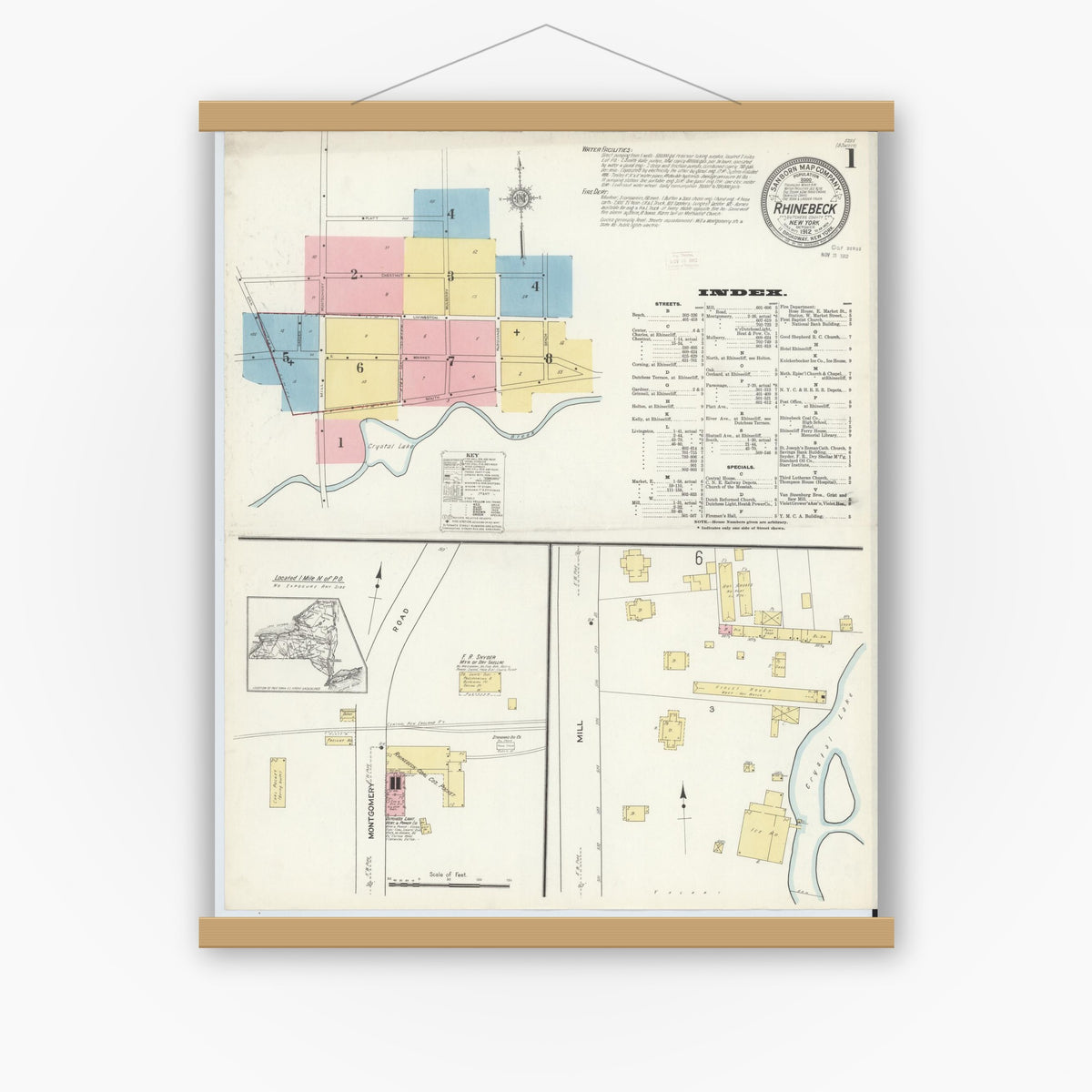 Old map wall art mockup — magnetic wood frame on white wall — Sanborn Fire Insurance Map from Rhinebeck, Dutchess County, New York (1912) - Complete Map Set