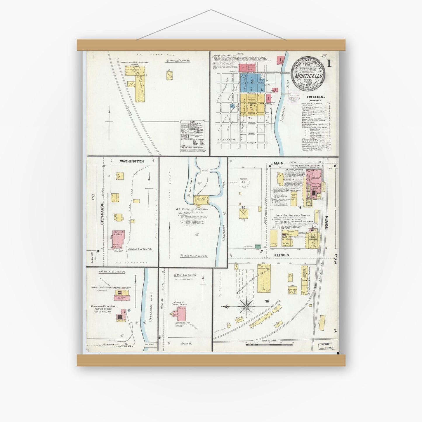 Old map wall art mockup — magnetic wood frame on white wall — Sanborn Fire Insurance Map from Monticello, White County, Indiana (1904) - Complete Map Set