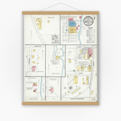 Old map wall art mockup — magnetic wood frame on white wall — Sanborn Fire Insurance Map from Monticello, White County, Indiana (1904) - Complete Map Set