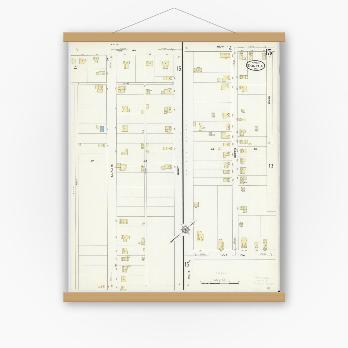 Old map wall art mockup — magnetic wood frame on white wall — Sanborn Fire Insurance Map from Duryea, Luzerne County, Pennsylvania (1914), Sheet #0015