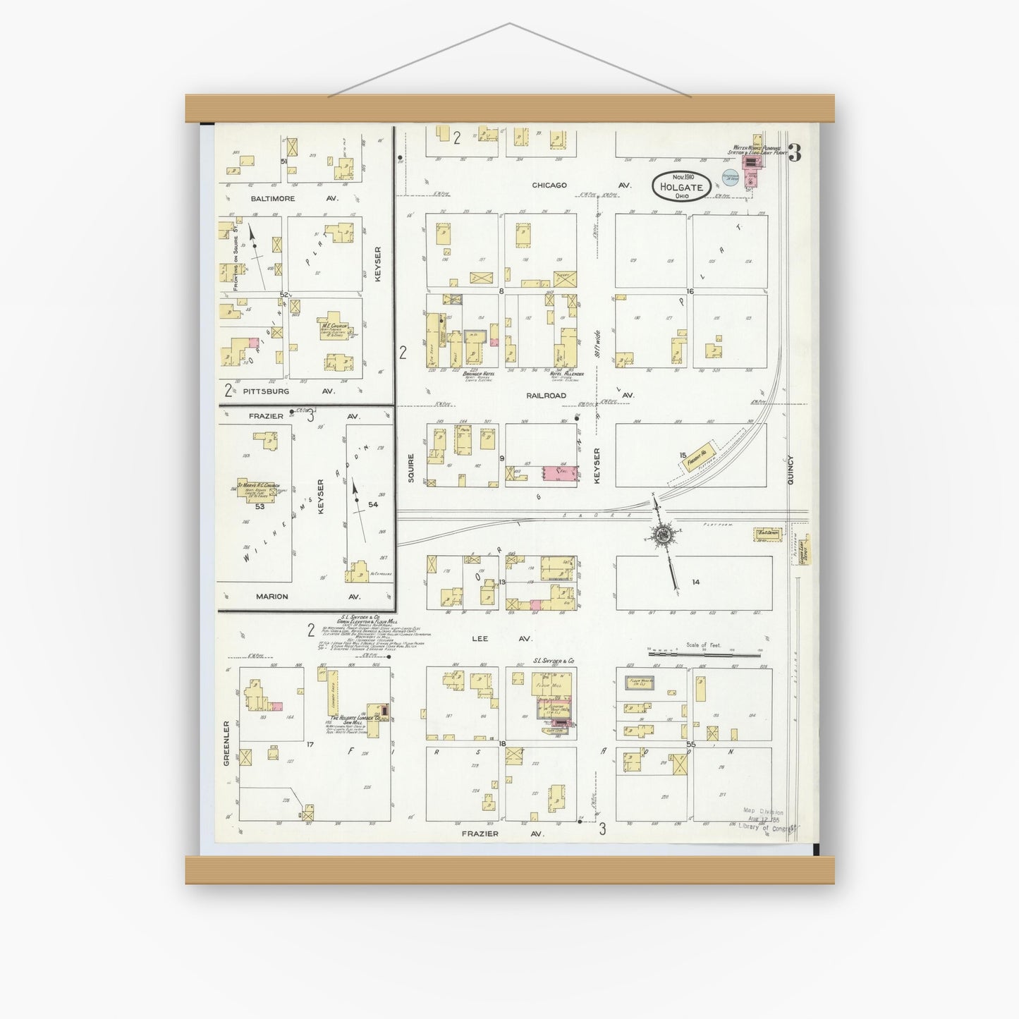 Old map wall art mockup — magnetic wood frame on white wall — Sanborn Fire Insurance Map from Holgate, Henry County, Ohio (1910), Sheet #0003