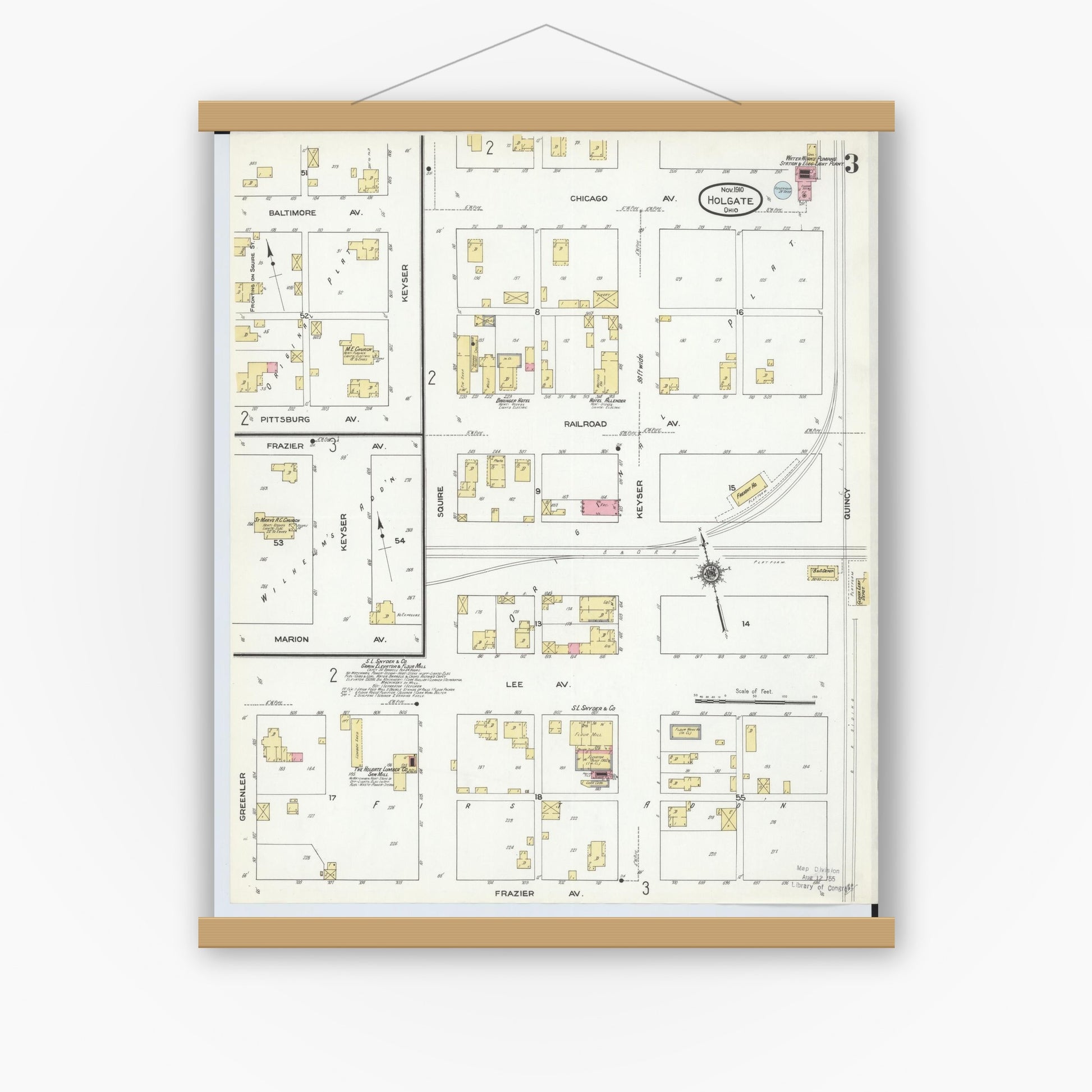 Old map wall art mockup — magnetic wood frame on white wall — Sanborn Fire Insurance Map from Holgate, Henry County, Ohio (1910), Sheet #0003