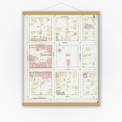 Old map wall art mockup — magnetic wood frame on white wall — Sanborn Fire Insurance Map from Havana, Mason County, Illinois (1892), Sheet #0003