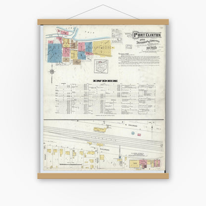 Old map wall art mockup — magnetic wood frame on white wall — Sanborn Fire Insurance Map from Port Clinton, Ottawa County, Ohio (1916) - Complete Map Set