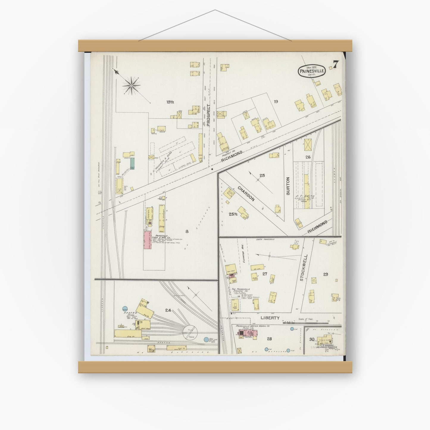 Old map wall art mockup — magnetic wood frame on white wall — Sanborn Fire Insurance Map from Painesville, Lake County, Ohio (1892), Sheet #0007