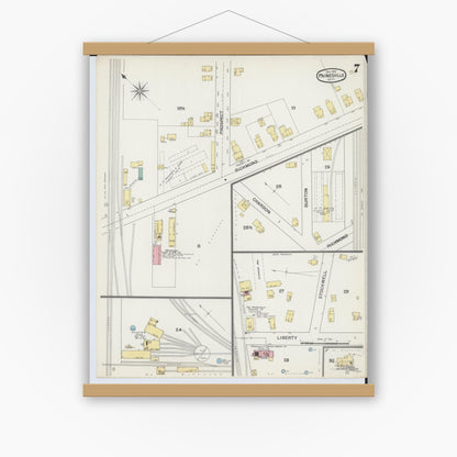 Old map wall art mockup — magnetic wood frame on white wall — Sanborn Fire Insurance Map from Painesville, Lake County, Ohio (1892), Sheet #0007